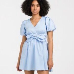 Moon River Cotton Baby Blue Mini Bow Dress Fit and Flate Puff Sleeves M NWT